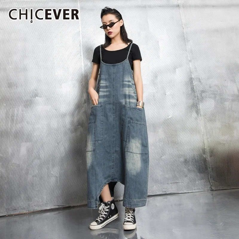 

CHICEVER Spring Wash Pullover Denim Dress For Women O Neck Spaghetti Strap Pockets Loose Plus Size Asymmetrical Dresses 2019 New
