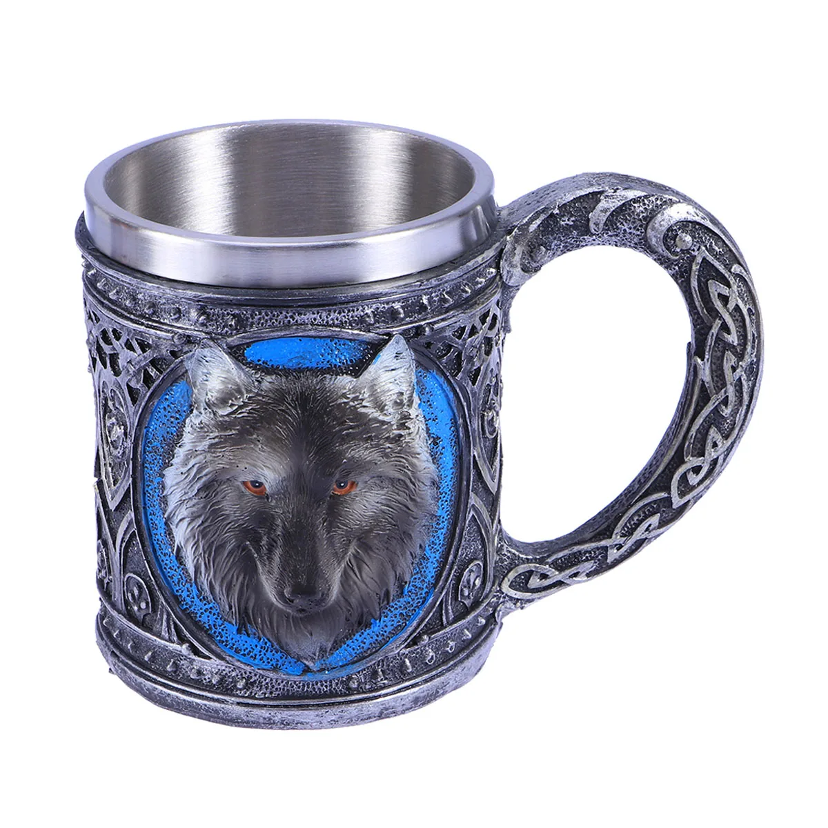 

450ml Vintage Wolf Head Pattern Stainless Steel Mug Coffee Milk Cup Tea Cup for Home Office Cafe