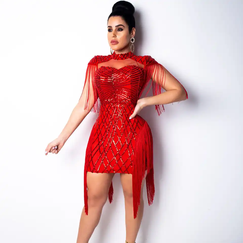 red sequin tassel sleeveless plunge bodycon dress