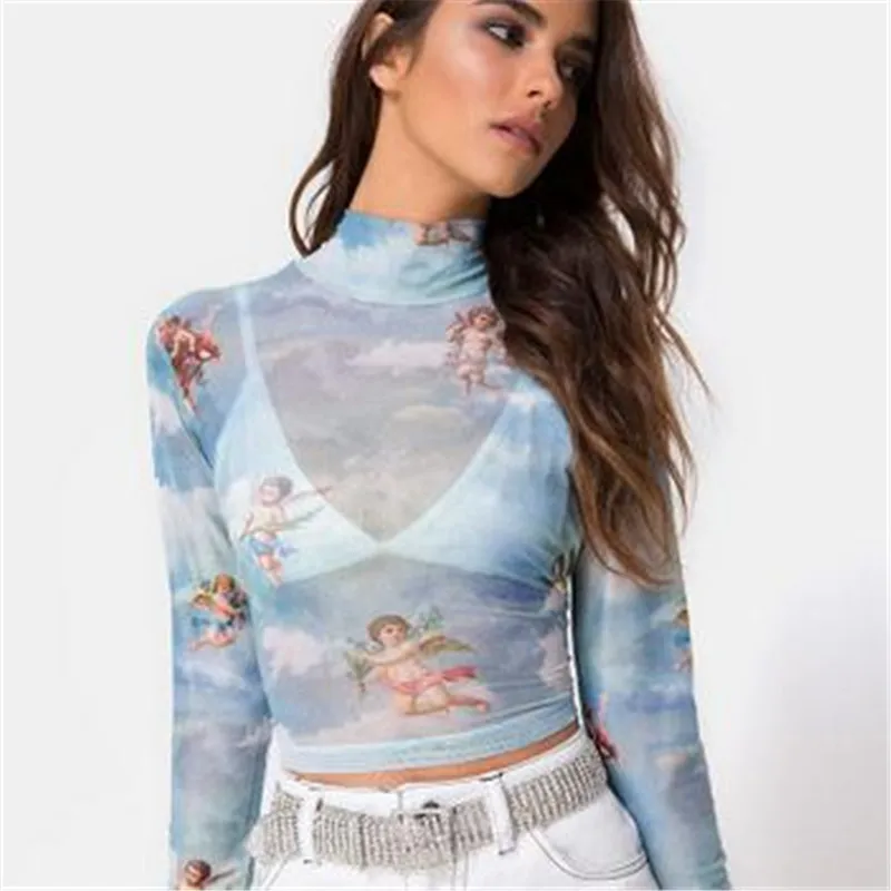 

Mesh Cupid Angel Turtleneck T Shirts Tops Women Clothes Transparent 2019 See-Through Blue Elastic Skinny Tops Stretchy New