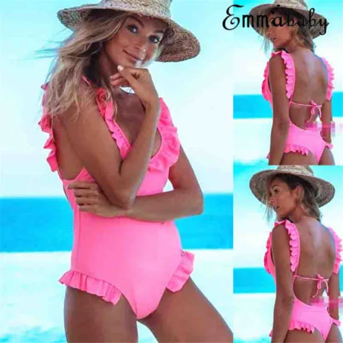 

Bikini 2019 Women One Piece Solid Pink Color Backless Ruffle Swimsuit Petal Push Up Swimwear Bathing Suit Women'S Swimming Suits