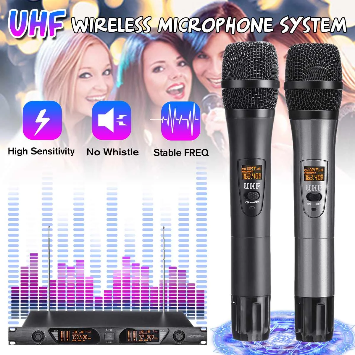 

Professional UHF Digital Wireless Microphone with 2 Metal Handhelds Two Channel Cordless System for Party Karaoke Stage