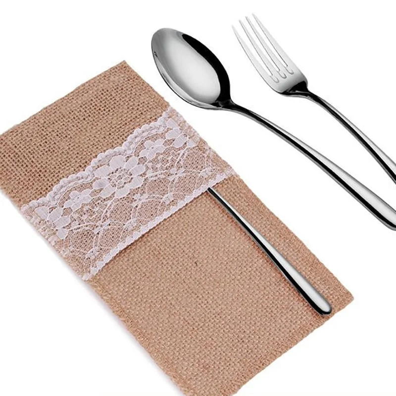 

5pcs/lot Jute Lace Cutlery Cover Knife Fork Bag Holder for Wedding Holiday Party Table Silverware Decoration Supplies IA001