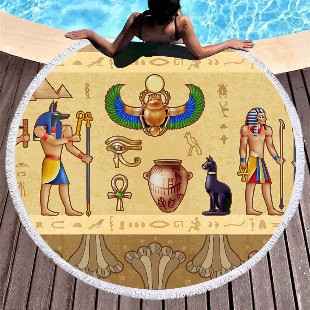 

Round Beach Towel Ancient Egyptian Civilization Printed Microfiber Beach Towels For Living Room Boho Style Home Decor Bath Towel