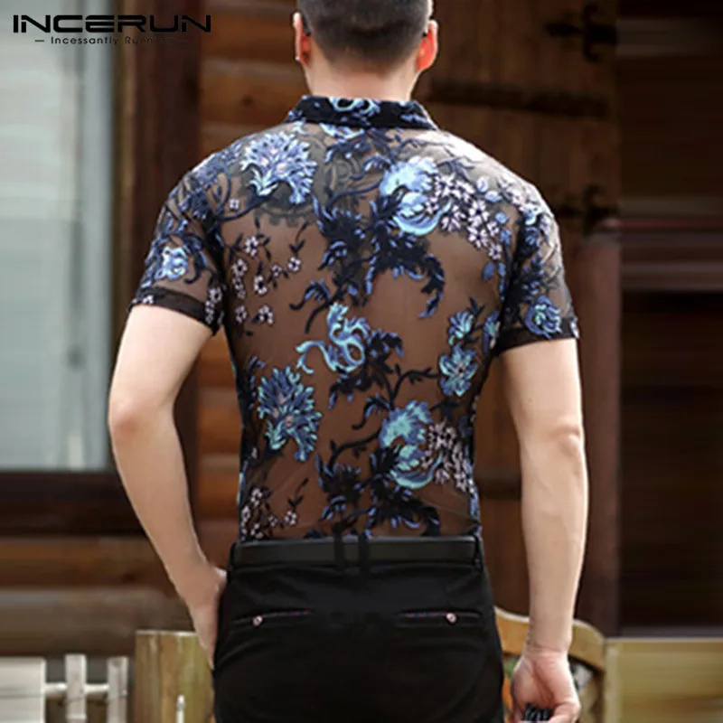 INCERUN الأزياء قميص رجالي قصيرة الأكمام زهرة المطرزة شبكة مثير قميص الرجال انظر من خلال يتأهل شفافة الدانتيل قميص قمم INCERUN الأزياء قميص رجالي قصيرة الأكمام زهرة المطرزة شبكة مثير قميص الرجال انظر من خلال يتأهل شفافة الدانتيل قميص قمم