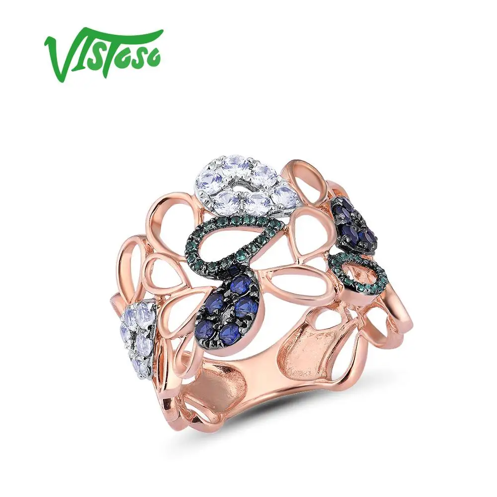 

VISTOSO 10K Rose Gold Drop Hollow Ring For Lady Created Sapphire&Emerald&White Sapphire Glamorous Glittering Party Fine Jewelry