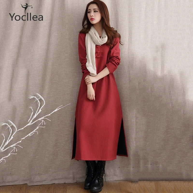 

2018 New Autumn Winter Add Velvet Women Dress Vintage Solid color Botton Cotton Linen Dresses female slim Long sleeve dress