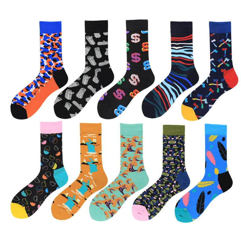 

PEONFLY 1 Pair Male Cotton Socks Colorful Abstract Pattern Jacquard Art Sock Long Happy Funny Skateboard Sokken Men's Dress Sock