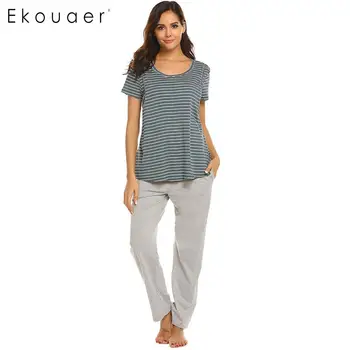 

Ekouaer Pajamas Set Women Cotton Sleepwear Breastfeeding Maternity Striped Short Sleeve Long Pants Two Pieces Pyjamas Sets