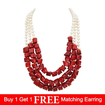 

Lii Ji Natural Freshwater Pearl 7-8mm Dye Red color Coral 3 Rows Necklace Jade Toggle Clasp 52cm
