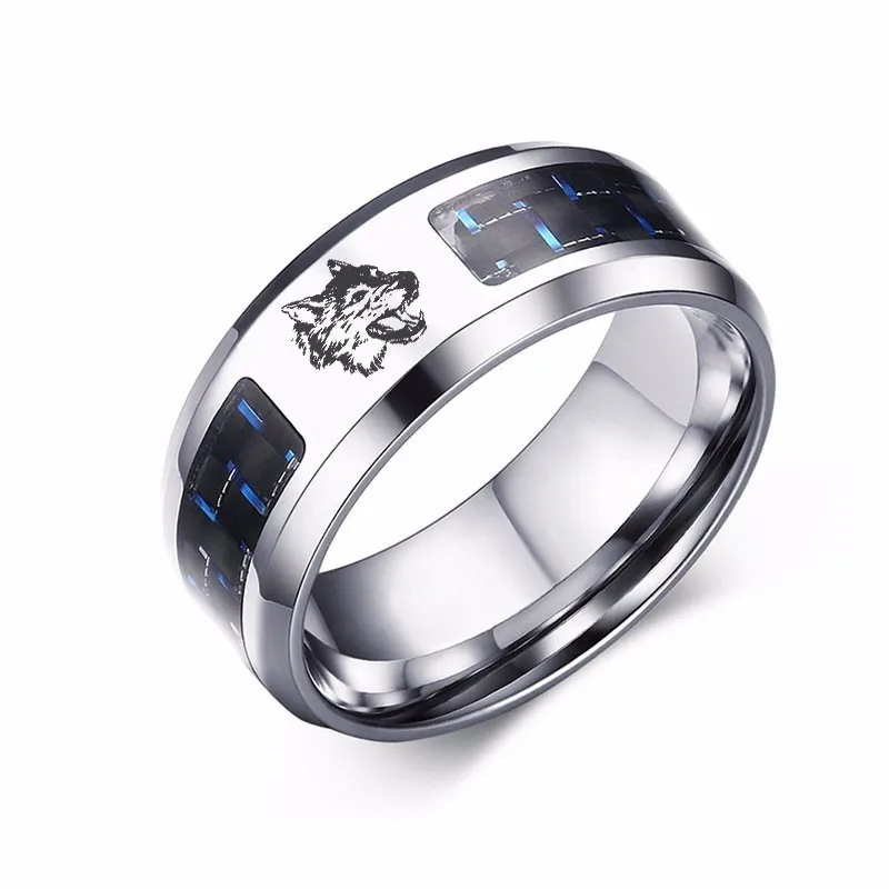 

Laser Engraved Wolf Men Ring for Men Stainless Steel Blue Carbon Fibre 8mm Wedding Band