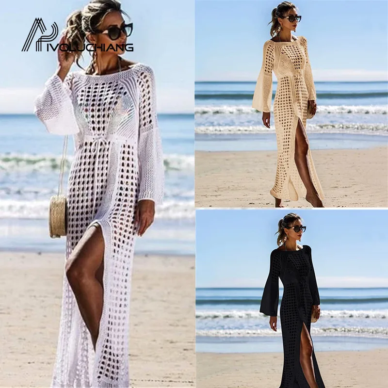 

Women Sexy Hollow Out Knitted Long Sleeve Sunscreen Protection Of Bikini Jacket With Open-ended Holiday Dress Robe De Plage