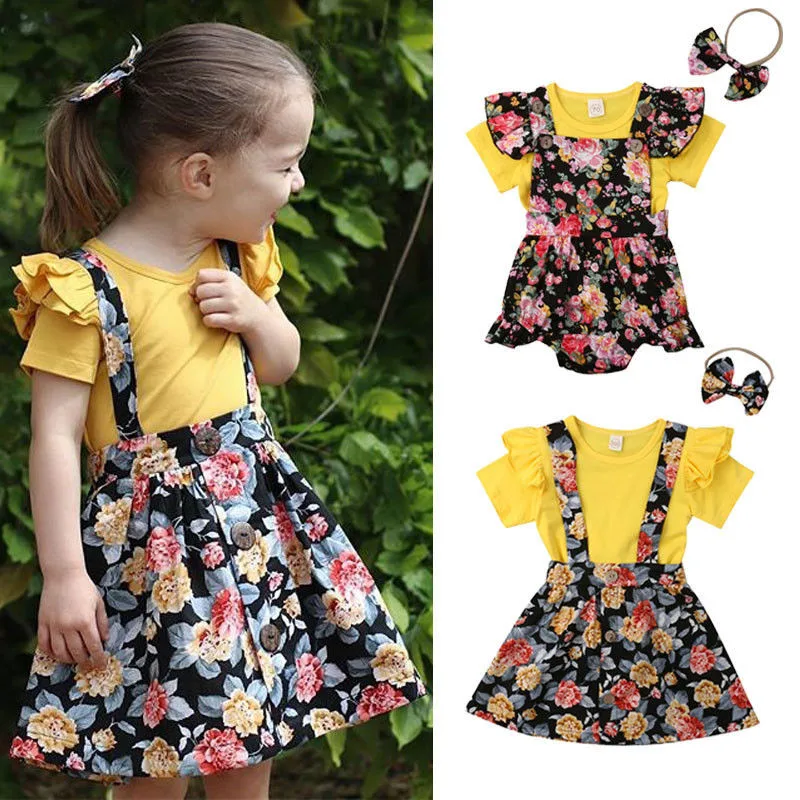 

Cute Kids Baby Girls Little/Big Sister Sets Solid Fly Sleeve T-shirt Floral Strap Romper Skirt Headband Summer 3Pcs Outfits 0-6Y