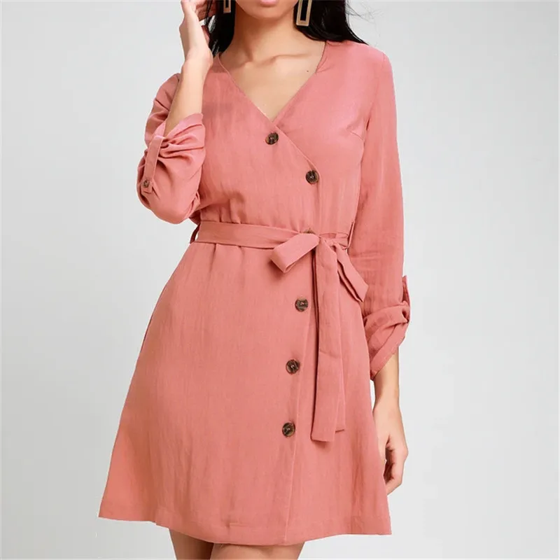 

New Summer Mini Dress Women Long Sleeve V-Neck Dresses Casual Sundress Loose Sashes Elegant Office Ladies Dresses Femme Vestidos