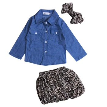 

3PCS Toddler Kids Baby Girl Denim Shirt+Skirt Dress+Headband Outfits Clothes Set
