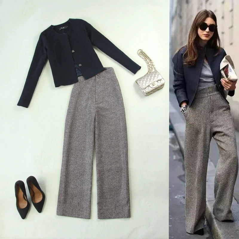 Set vrouwelijke 2019 herfst en winter nieuwe mode OL professionele Tibetaanse blauw korte jas en hoge taille wijde pijpen broek elegante pak Set vrouwelijke 2019 herfst en winter nieuwe mode OL professionele Tibetaanse blauw korte jas en hoge taille wijde pijpen broek elegante pak