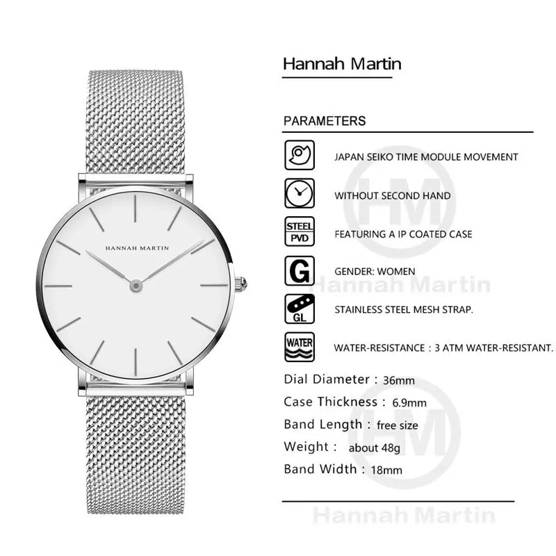 Женские кварцевые наручные часы Hannah Martin с серебряным браслетом, женские часы из нержавеющей стали, повседневные водонепроницаемые женские часы