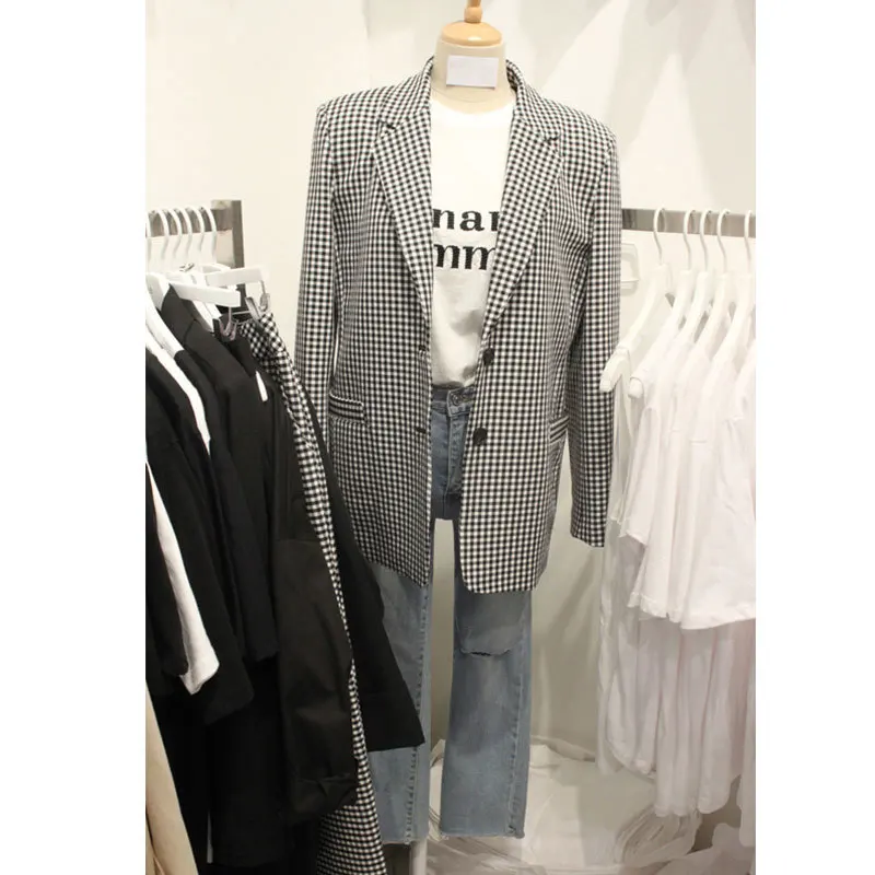 Printemps Vintage À Lâche Carré And Manches Automne De Marée Black Mode Poches Patchwork 2019 Ad532 Manteau Femmes Costume White Longues Col Plaid ewq PqSxX57wn