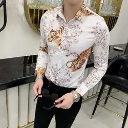 2019 весенне-осенняя мужская рубашка с принтом тигра, мужские повседневные рубашки Слим Фит, мужская рубашка с цветочным принтом