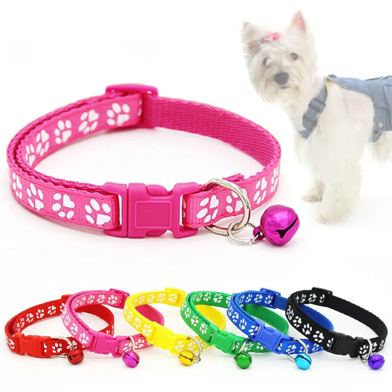 

Fashion Lovely Collar Pet Printing Paw Collar With Bell Safety Buckle Adjustable Collars Charm Cute Nylon 1PC Dog Cat Puppy
