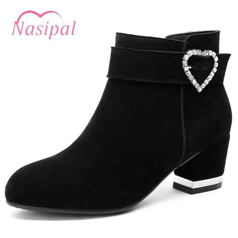 

Nasipal New Genuine Leather Suede Martin Boots 2018 Winter Plush Women's Boots Fashion High Heels Ankle Motorcycle Boots Black