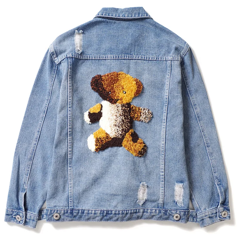 

2018 Casual Mens Denim Jacket Bear Embroidery Stand-Neck Cotton Designer Clothes High-Grade Streetwear Hole Denim Blazer F15