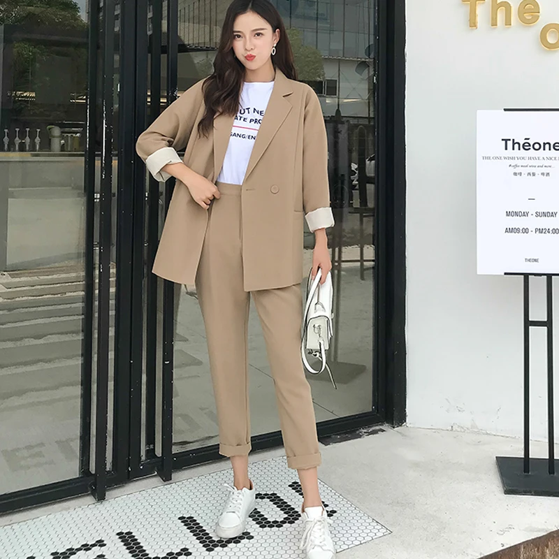 

2019 High Quality Casual Solid Women Pant Suits Notched Kraag Blazer Jacket & Pencil Broek Kaki Women's Pack Herfst