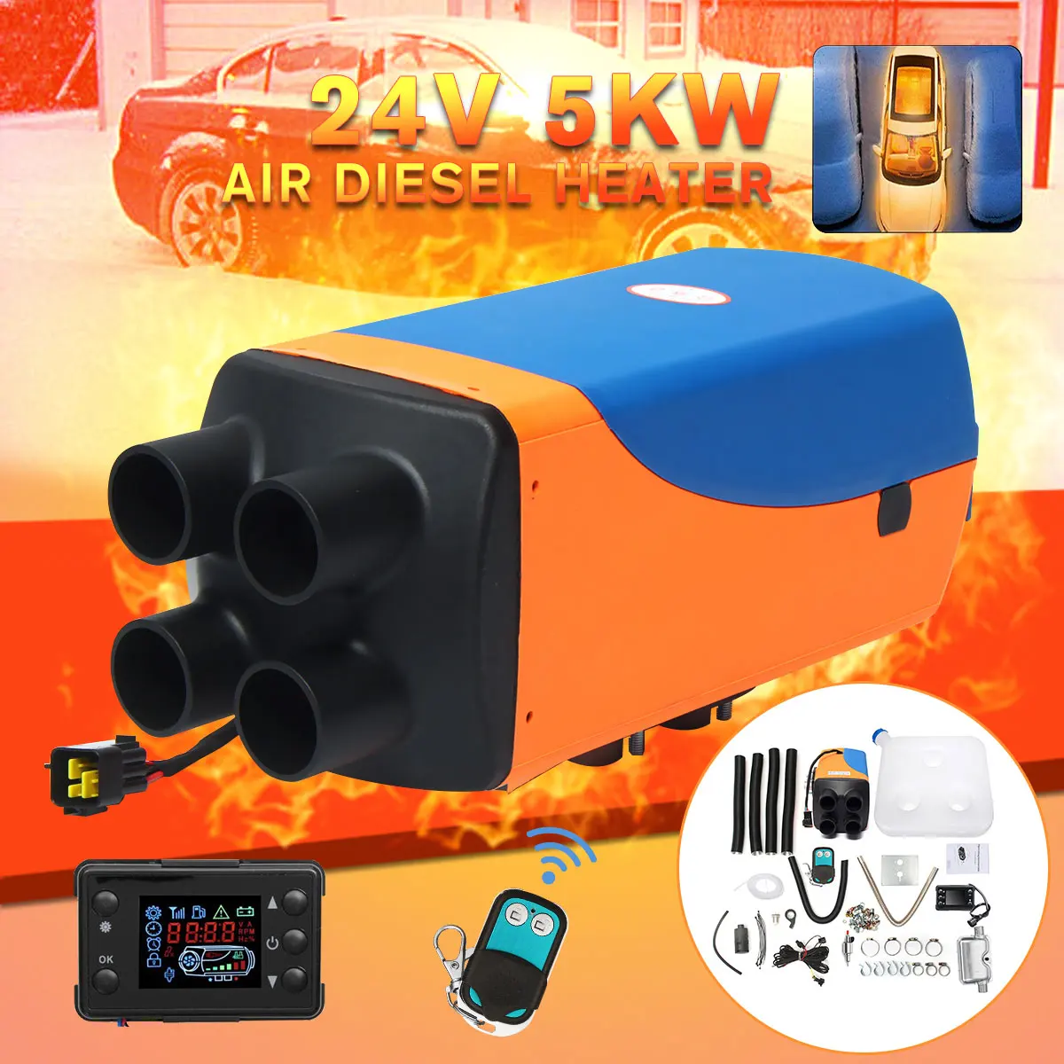 

24V Car Parking Air Diesels Heater 5KW 4-Holes 5000W Car Heater + LCD Switch + Silencer for Motorhome Boats