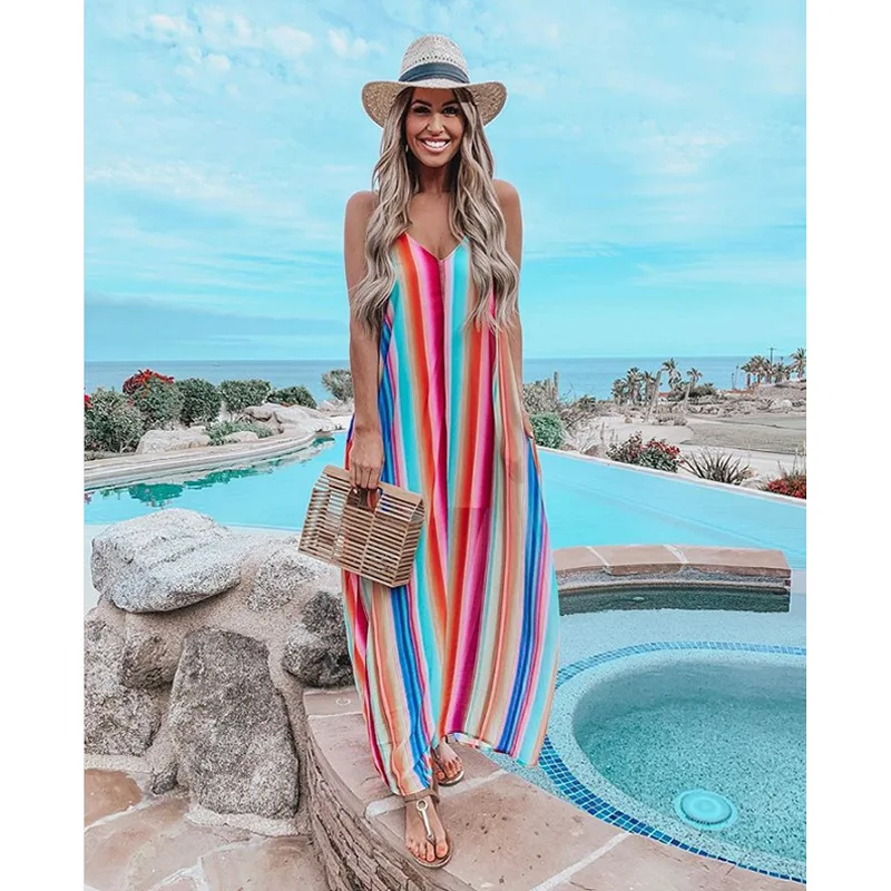 

Fashion Casual Bohemian Maxi Dresses for Women Striped V Neck Summer Beach Dresses Spaghetti Strap Sleeveless Vestidos