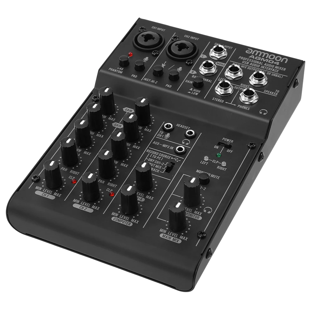 

ammoon Mini Mixing Console Digital Audio Mixer 4-Channel 2-band EQ Built-in 48V Phantom Power 5V USB Powered for Home Studio