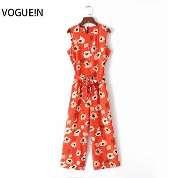 

VOGUEIN New Womens Summer Sexy O-Neck Floral Print Sleeveless Belt Jumpsuit Playsuits Wholesale