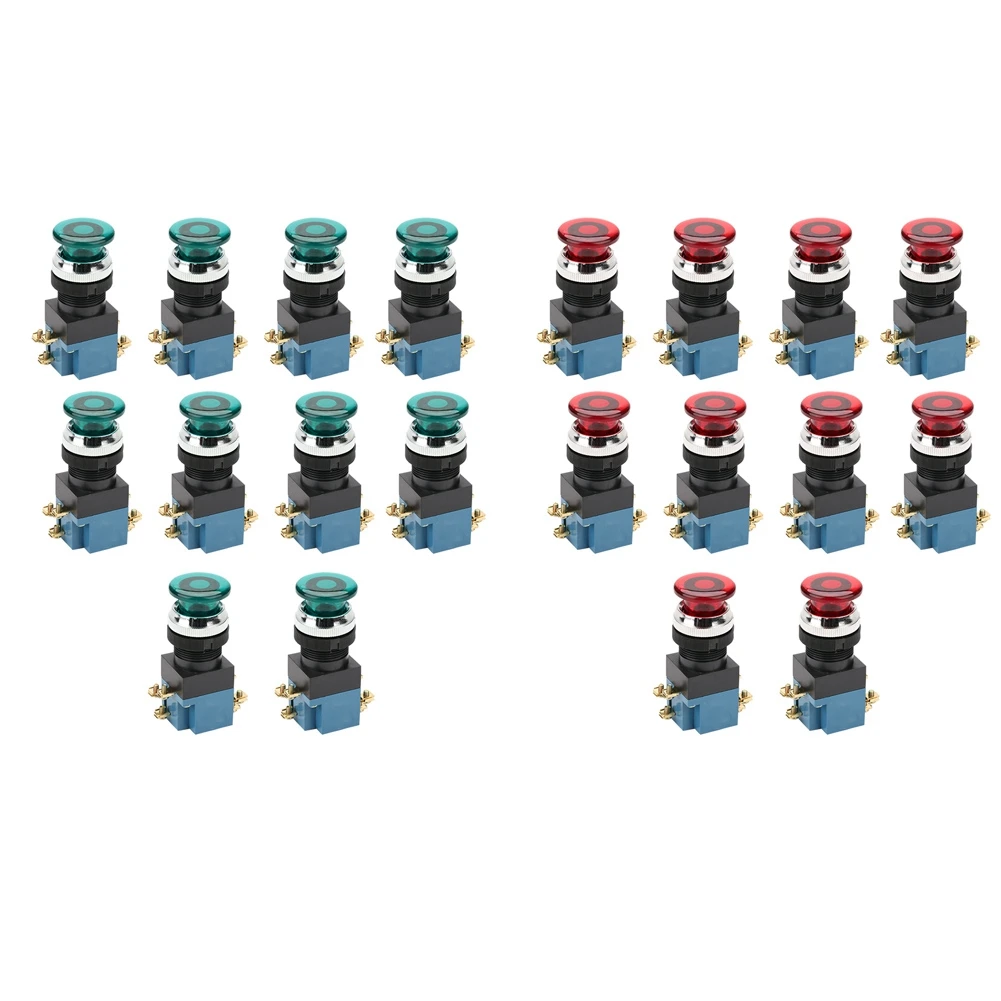 

10Pcs Auto Reset Mushroom Push Button Switch with Light 1NO 1NC 25mm Mount LA19-11DJ Switches