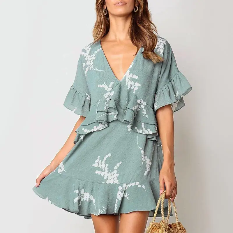 

Melegant Bohemian Female Short Sleeve Casual Sexy Dress Women V Neck Summer Dress 2019 Ruffle Beach Blue Short Dresses Vestidos