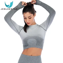 Йога Рубашка тренировки для женщин без рукавов Футболка с длинным рукавом укороченный Топ тренажерный зал Длинные