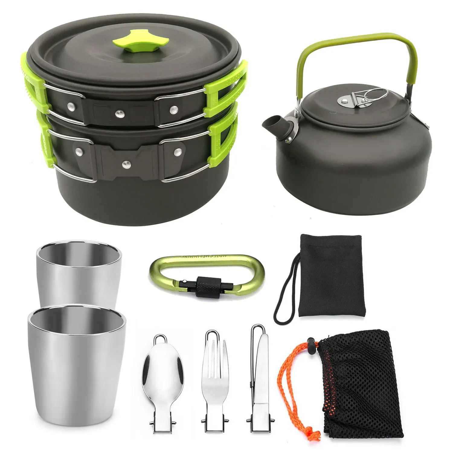 Acampar al aire libre senderismo Picnic tetera olla conjunto de utensilios de cocina Mess Kit mosquetón utensilios Camping estufa con taza de té café C