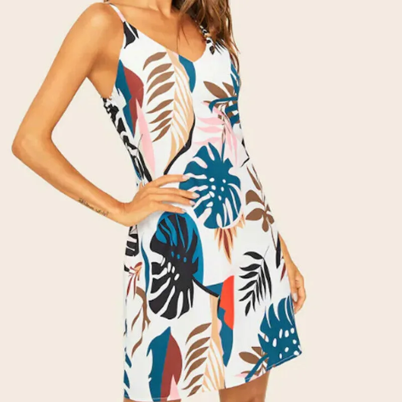 

Women's Summer Boho Mini Dress Sleeveless Strap Floral Party Casual Beach Dresses Sundress