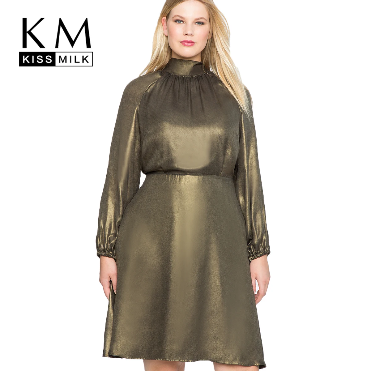 

Kissmilk Plus Size Fit Flare Foil Shine Dress Streetwear Elegant Sexy Winter Party Long Dresses