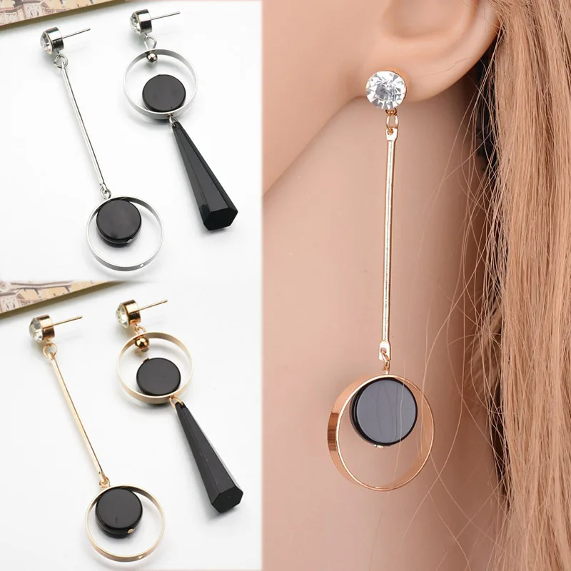 

LNRRABC new 1Pair Silver Rhinestone Circle Acrylic Golden Drop Earring Valentines Gift Fashion Geometric Long Asymmetry Crystal