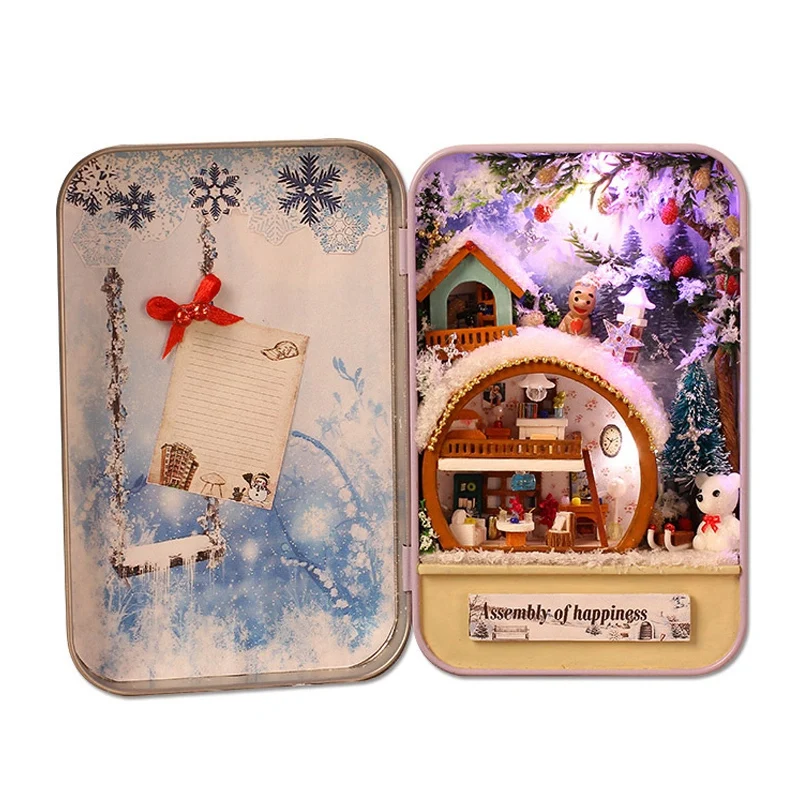 

WOTT-Snow Holiday 3D Wooden Diy Handmade Box Secret Dollhouse Miniature Box Cute Mini Doll House Assembly Kits Gift Toys