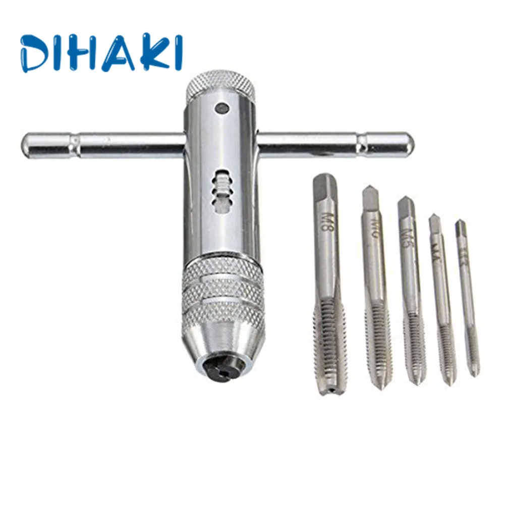 

6 Pcs/Set T Handle Tap Wrench Stainless Steel M3-M8 Screw Thread Metric Plugs Machinist Tool Reversion With 1PCS Screw Tap