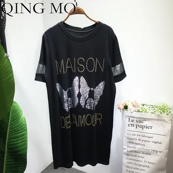 

QING MO Animals Print Dress Women T Shirt Dress with Rivet Hot Drilling Dress Women Letter Dresses Black Short Sleeve Tops QF707