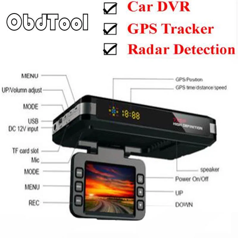 

ObdTooL 3 In 1 Car DVR Anti Radar Detector Full Bands GPS Camera Tracker G-sensor Dual Camera Loop Recording Dash Cam