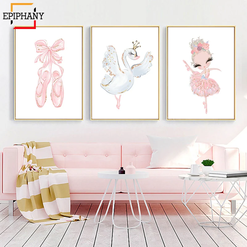 

Baby Girls Nursery Ballerina Wall Art Swan Princess Pink Ballet Slipper Print Kids Room Canvas Printing Nordic Painting Pictures