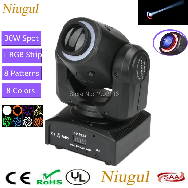 

Mini 30W LED Spot Moving Head Stage Light With 12pcs RGB LED Strips DMX512 LED Gobo Stage Lighting For Bar DJ Party Disco Club