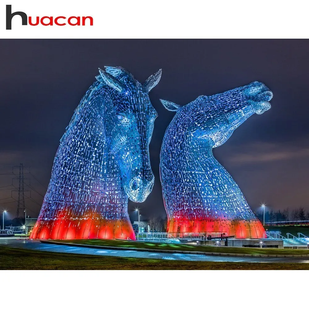 

Huacan Diamond Embroidery Sale Horse Building Cross Stitch Diamond Painting Rhinestone Full Square Drill Diamond Mosaic Kit Gift