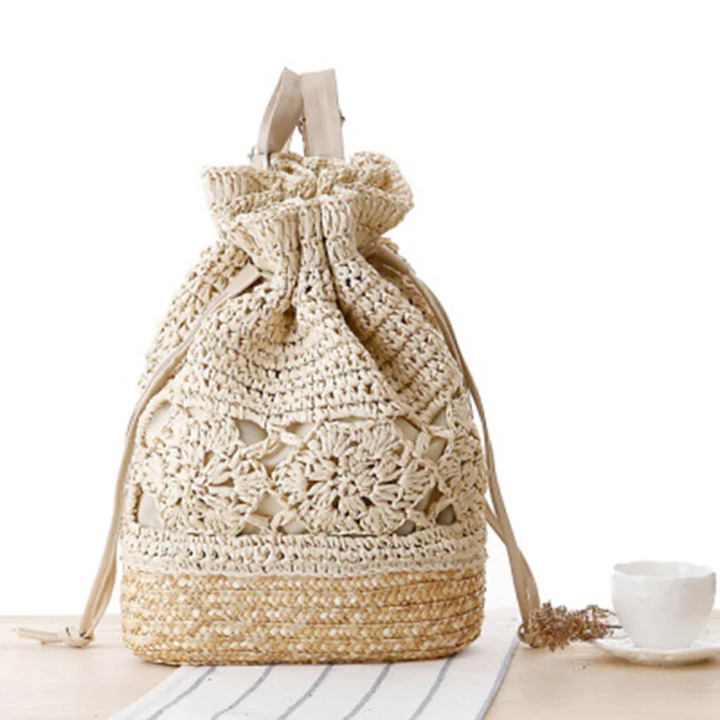 

ABDB-Summer Drawstring Lace Crochet Straw Beach Bags Designer Female Hollow Out Flower Handmade Knitted Backpack