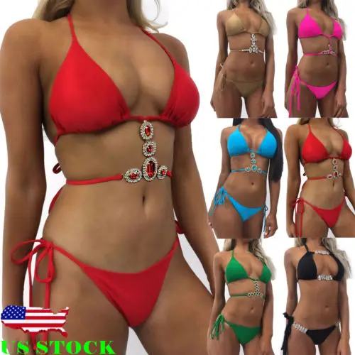

HOT Women Crystal Sequins Bandage Bikini Set Summer Sexy Ladies Push-Up Padded Triangle Swimwear Brazilian Swimsuit Bathing Suit