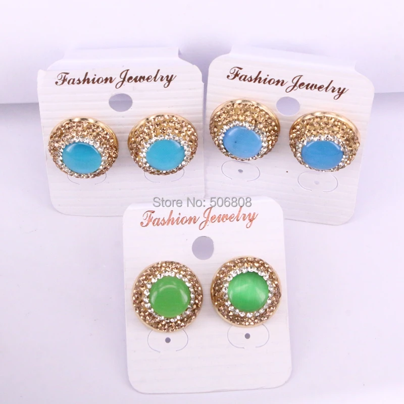 6Pairs ZYZ319 1593 Golden Rhinestone Paved Cat Eyes Stone Studs Earring