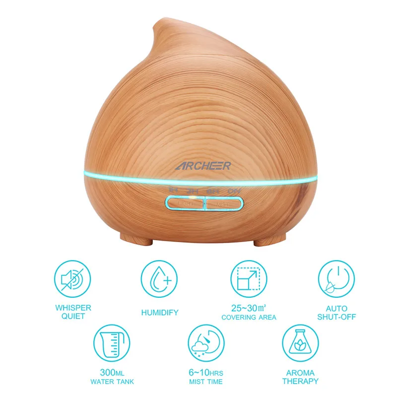 

ARCHEER 300ml Essential Oil Diffuser Ultrasonic Air Humidifier with Wood Grain Colors Changing LED Lights for Office Home