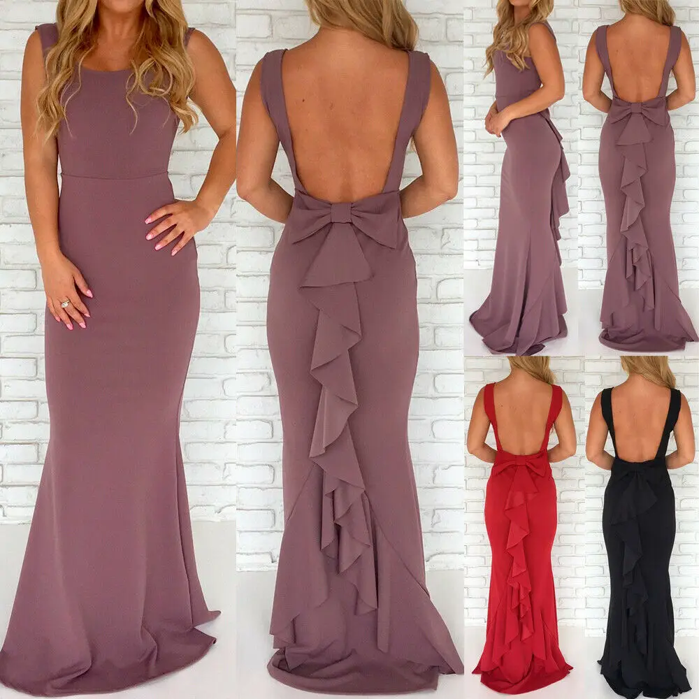 

2019 Newest Hot Women Formal Long Sleeveless Backless Solid Slim Fit Party Ball Prom Gown Wedding Bridesmaid Rear Ruffle Dress
